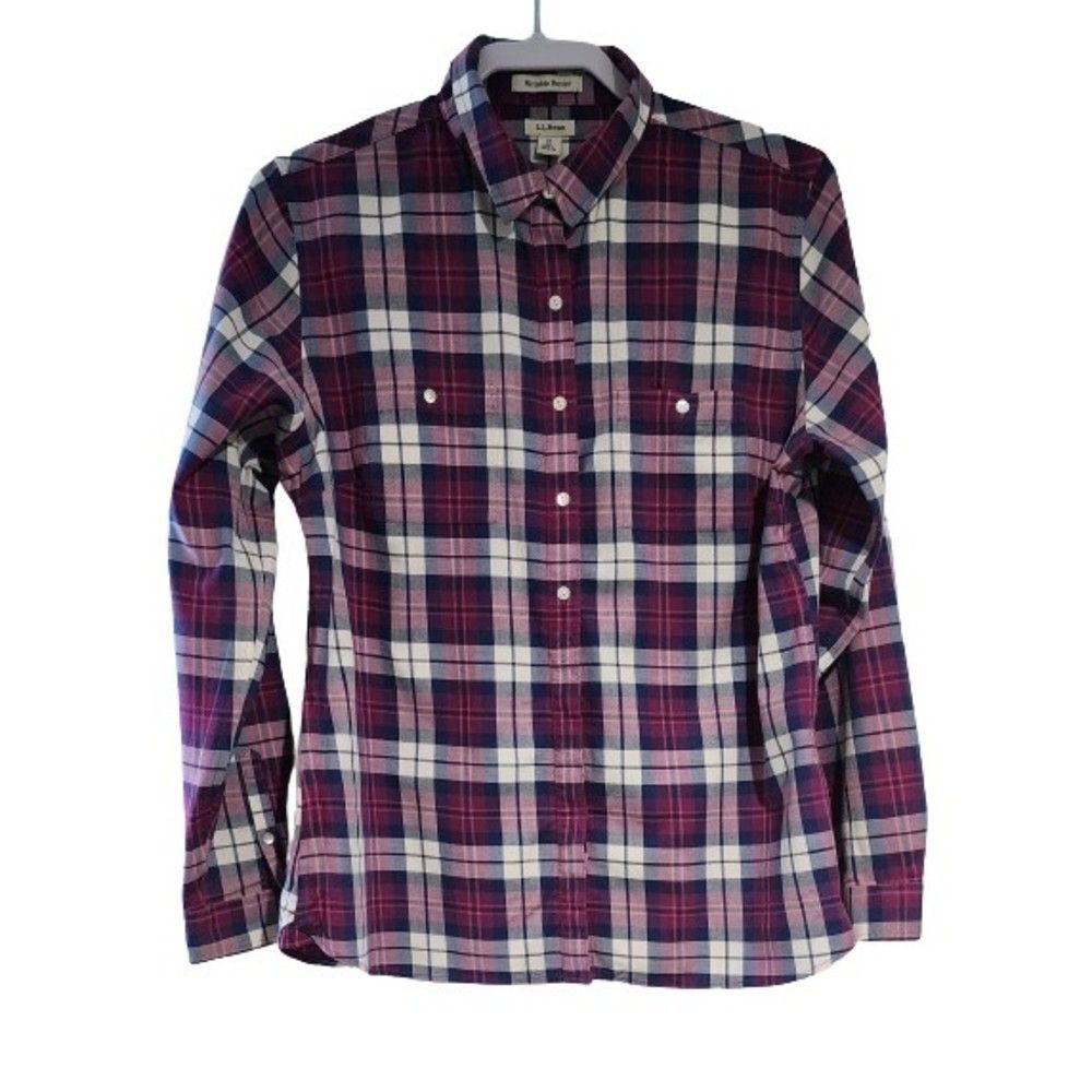 L.L.Bean Womens Cotton Wool Plaid Button Up Shirt Purple Long Sleeve M 290386